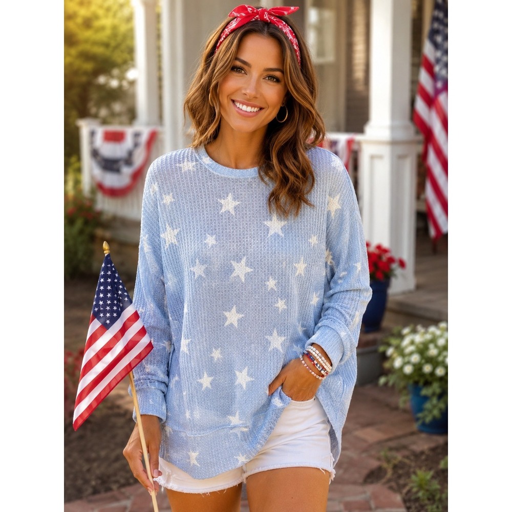Planet Gold Light Blue Waffle Sweater Stars Sz L Independence Day 4th Of July